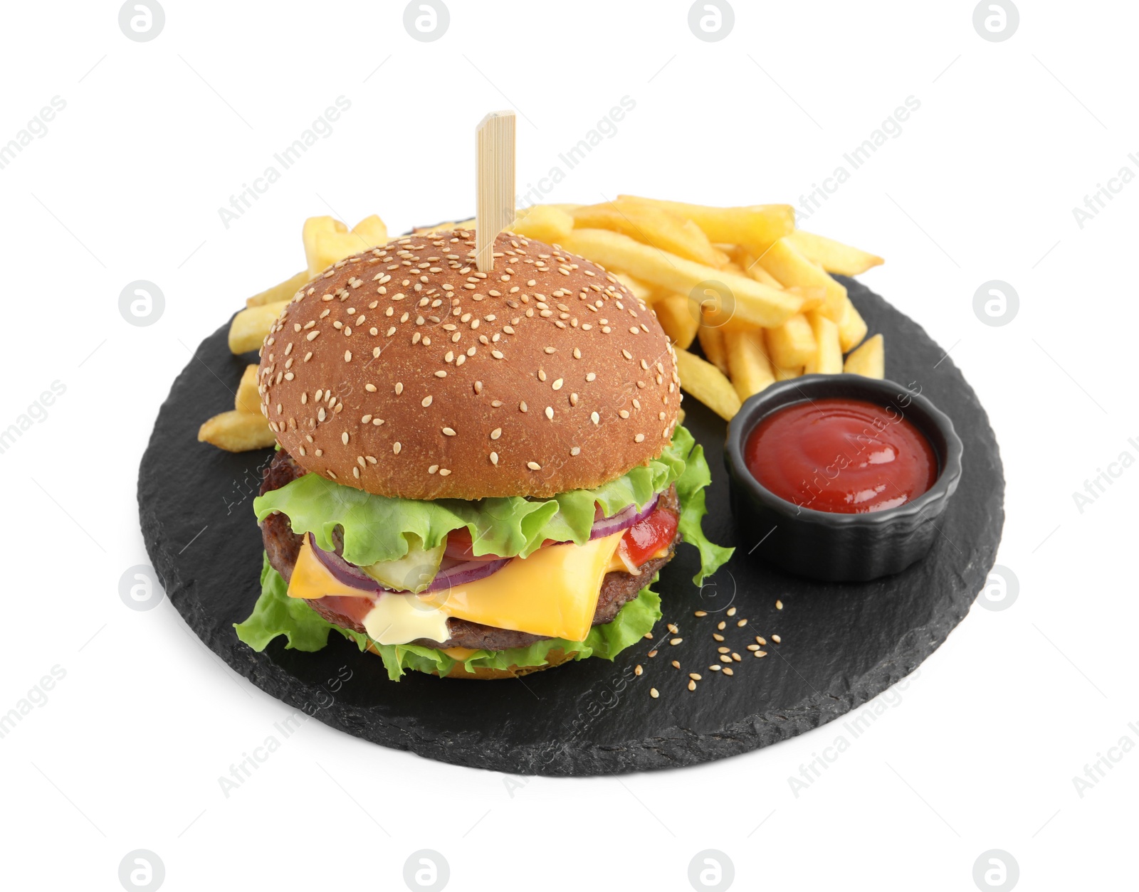 Photo of Delicious burger with beef patty, tomato sauce and french fries isolated on white