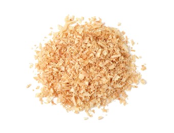 Photo of Pile of natural sawdust isolated on white, top view