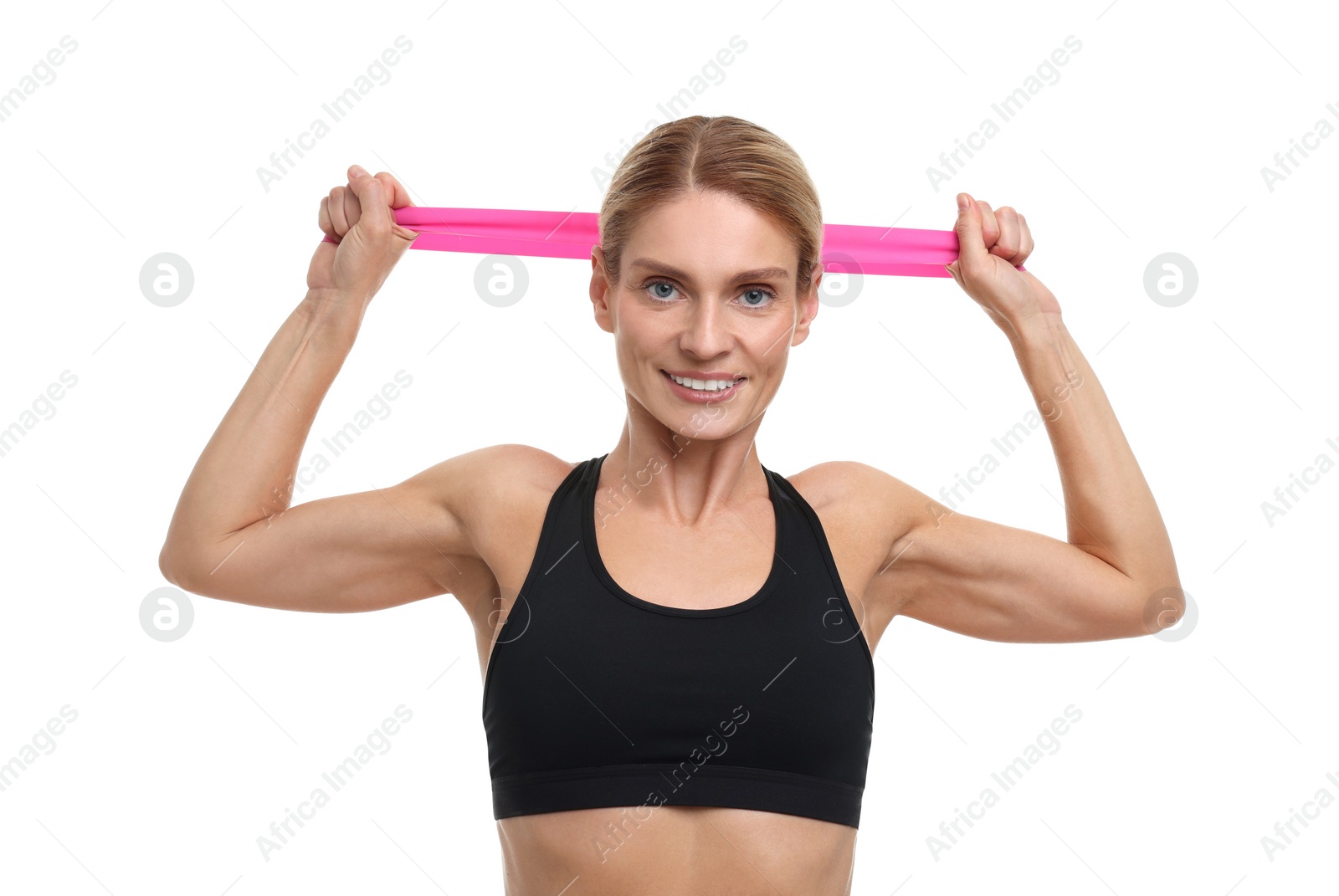 Photo of Woman exercising with elastic resistance band on white background