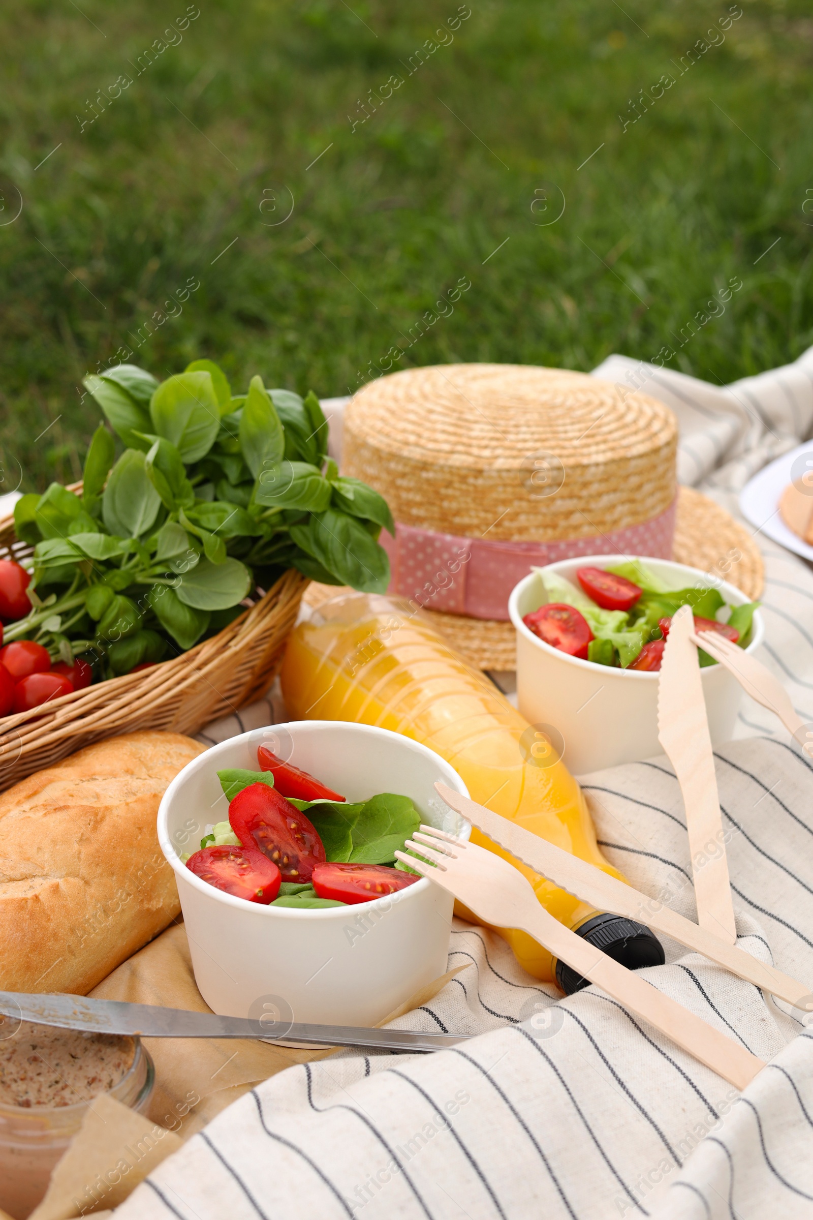 Photo of Picnic blanket with juice and food on green grass