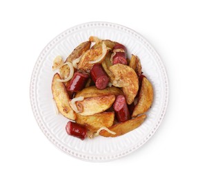 Photo of Delicious baked potato with thin dry smoked sausages and onion isolated on white, top view