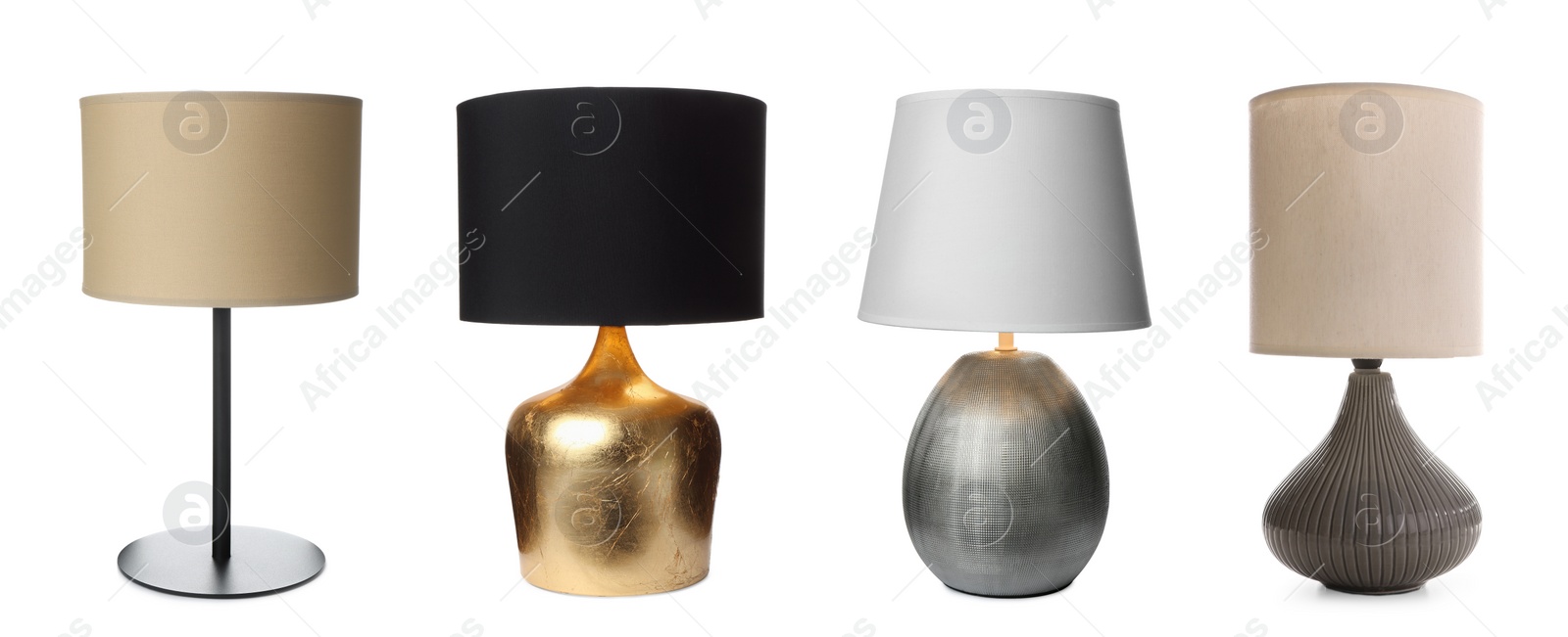 Image of Collage with different stylish night lamps on white background. Banner design