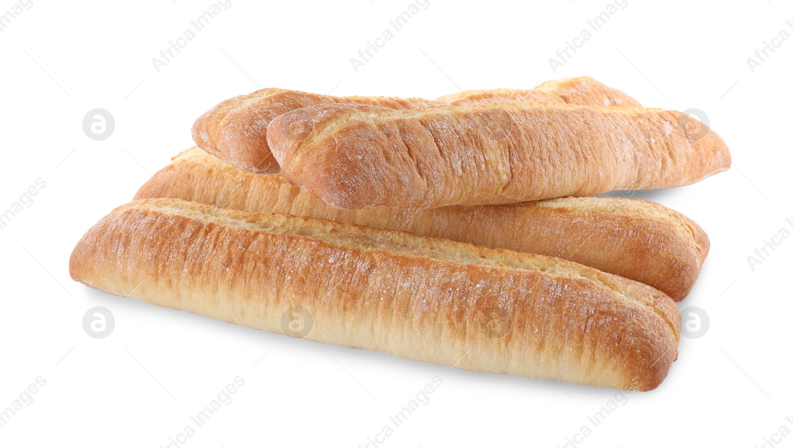 Photo of Tasty baguettes on white background. Fresh bread