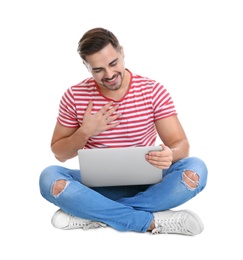 Photo of Man using laptop for video chat isolated on white