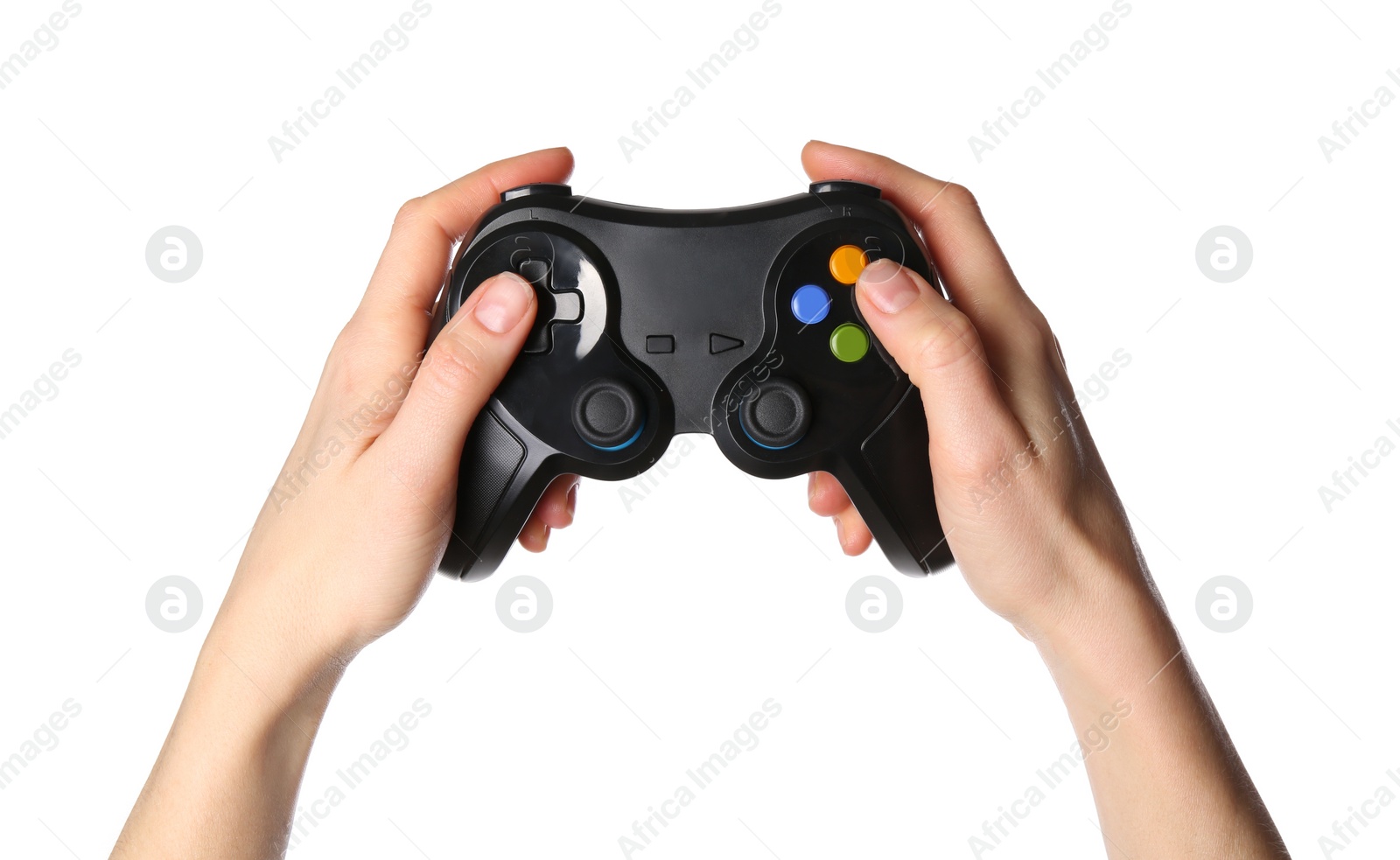 Photo of Woman using game controller on white background, closeup