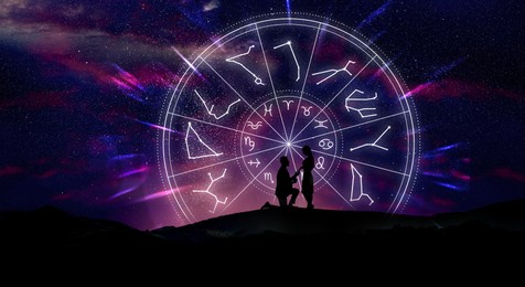 Image of Zodiac wheel and photo of making marriage proposal to his girlfriend in mountains under starry sky at night. Banner design
