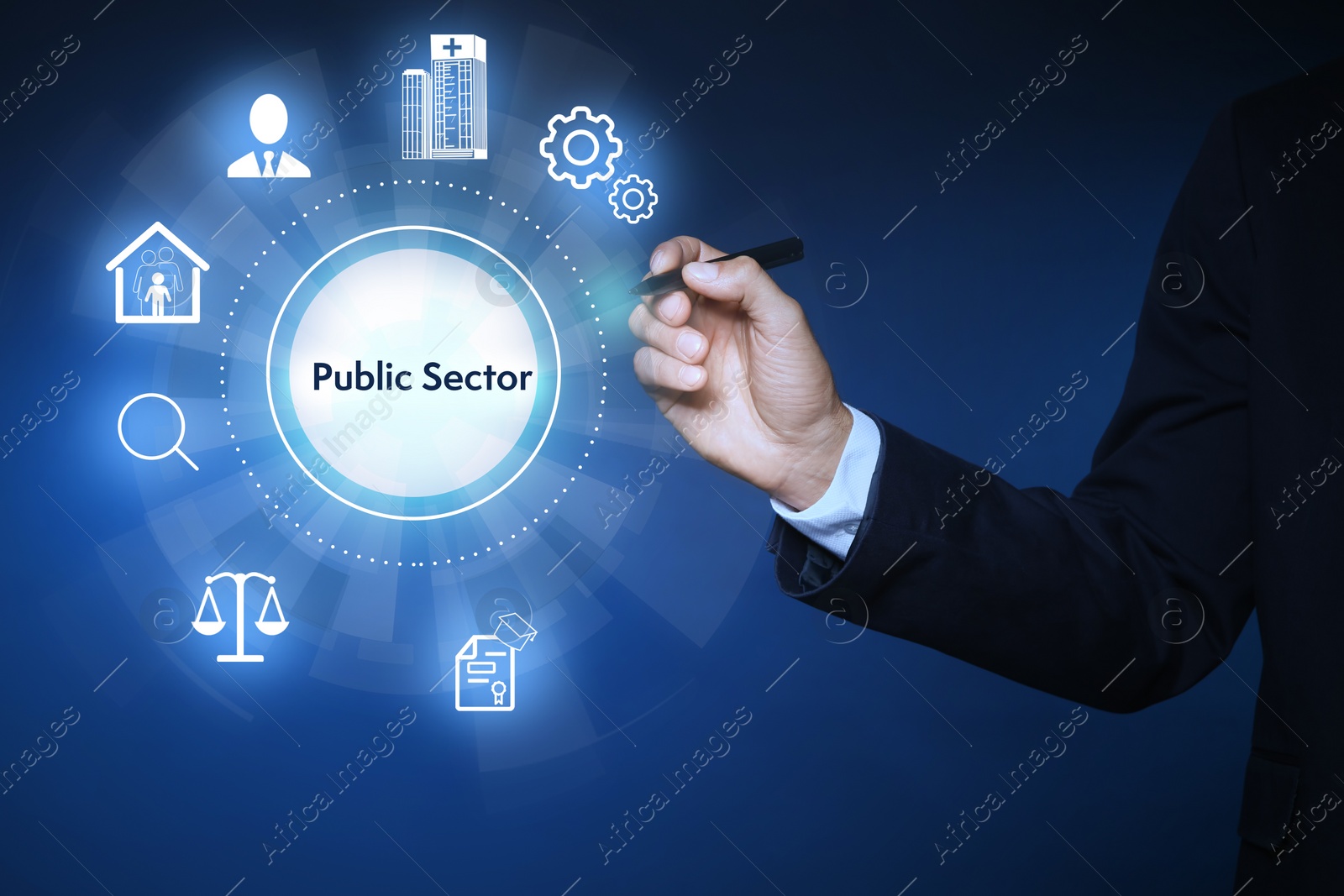 Image of Public Sector concept. Man pointing at virtual screen with different icons on blue background, closeup