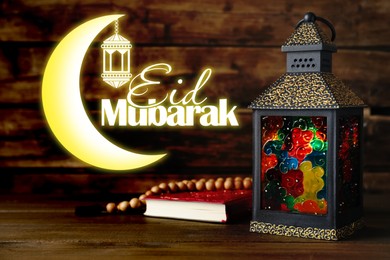 Eid Mubarak greeting card with Muslim lantern, Quran, prayer beads and illustration of crescent moon and lantern