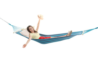 Photo of Woman resting in hammock on white background