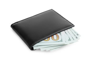 Stylish black leather wallet with money isolated on white