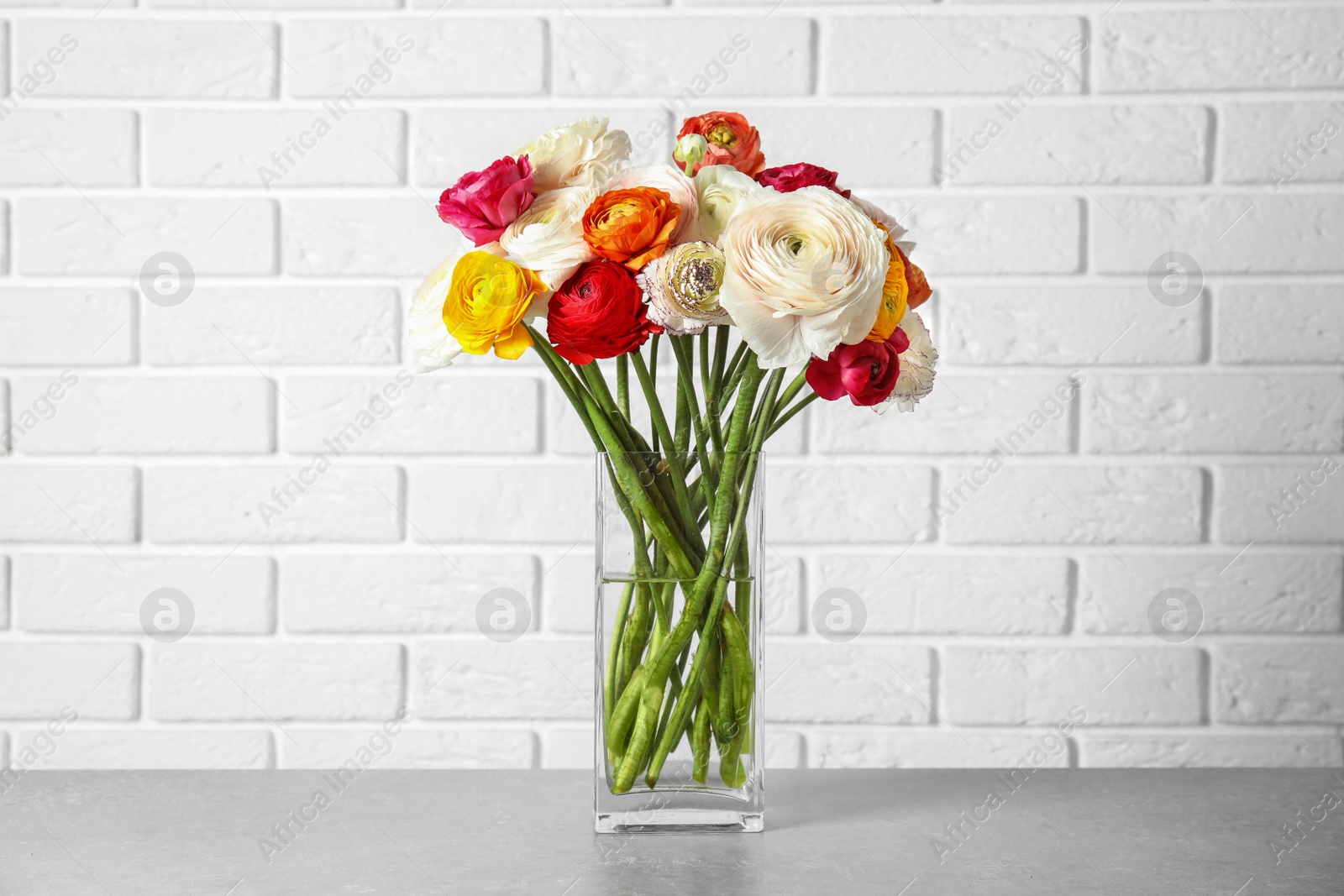 Photo of Vase with beautiful spring ranunculus flowers on table near brick wall