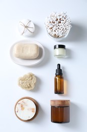 Bath accessories. Flat lay composition with personal care products on white background