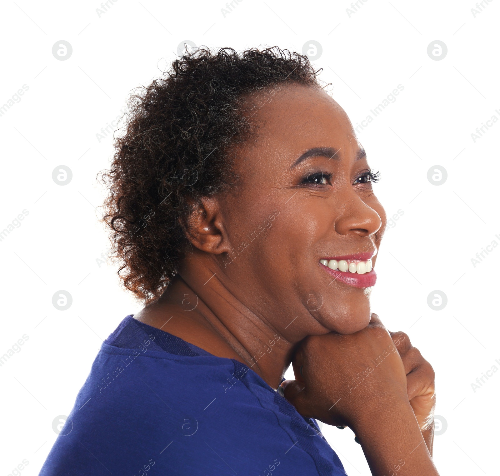 Photo of Portrait of happy African-American woman on white background