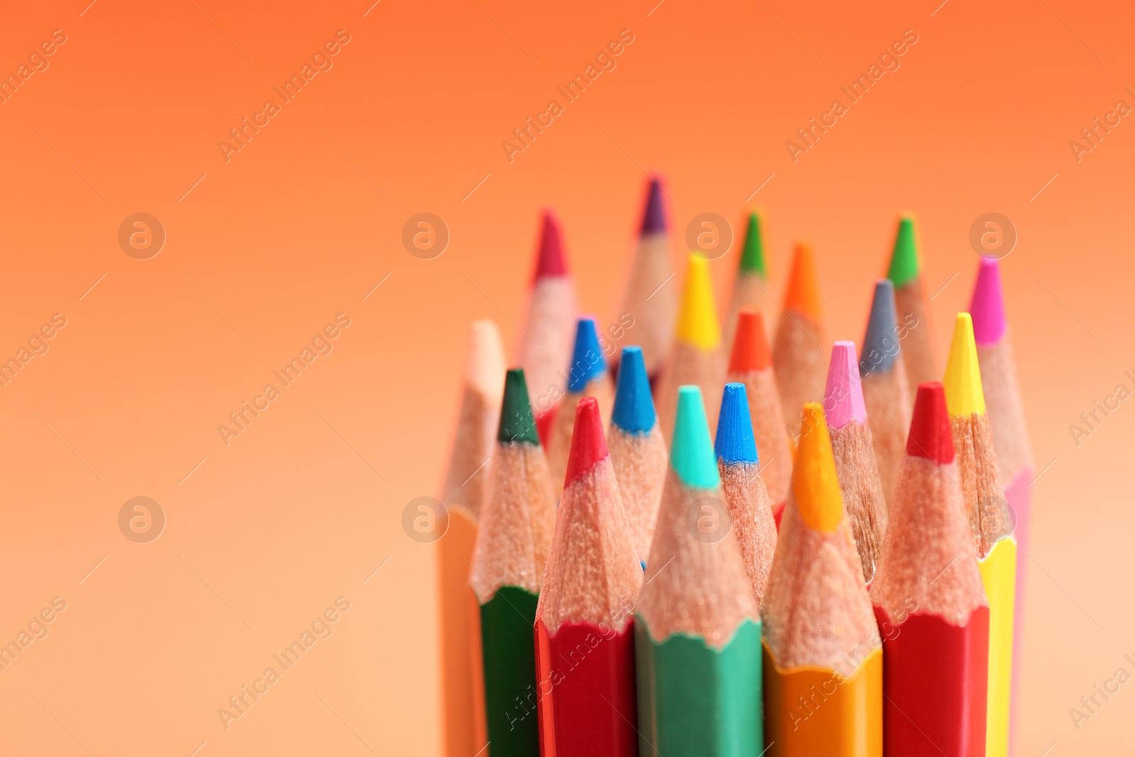 Photo of Different color pencils on coral background, closeup. Space for text