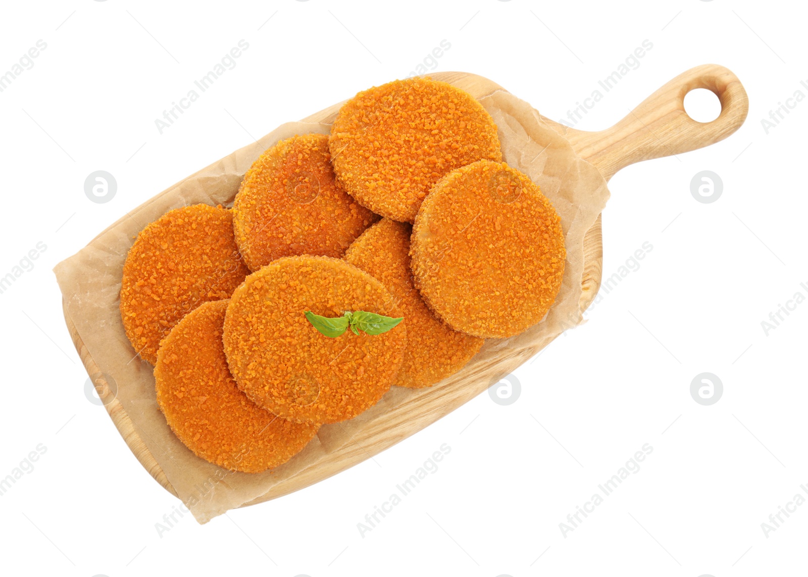 Photo of Delicious fried breaded cutlets with basil leaves isolated on white, top view