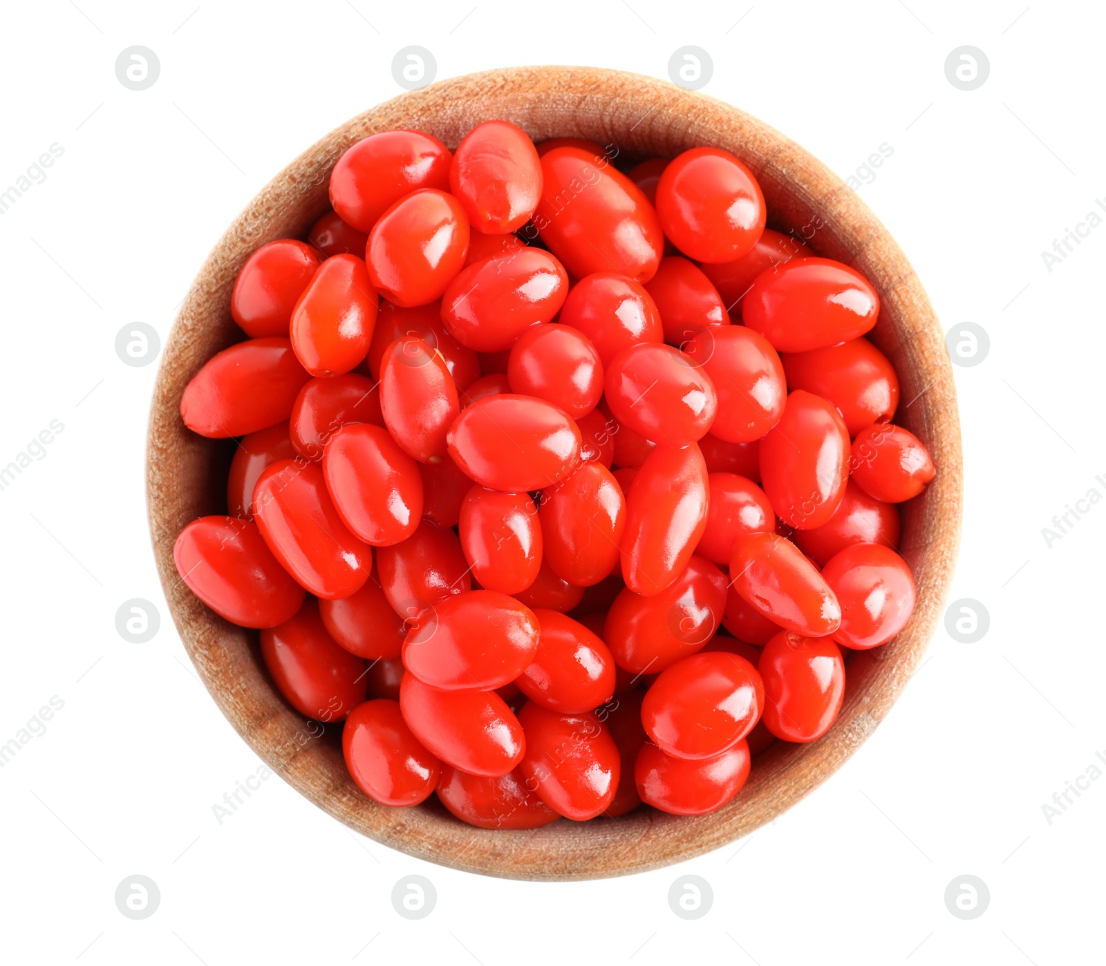 Photo of Fresh ripe goji berries in wooden bowl on white background, top view