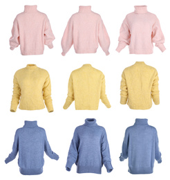 Image of Collage with different stylish warm sweaters on white background