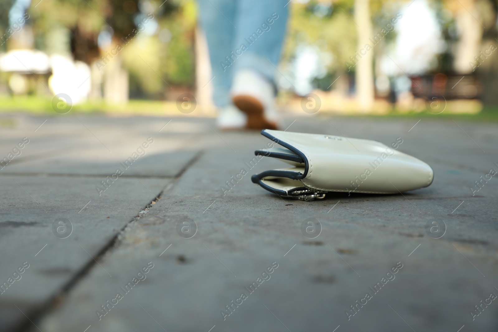 Photo of Woman lost her purse on pavement outdoors, selective focus. Space for text