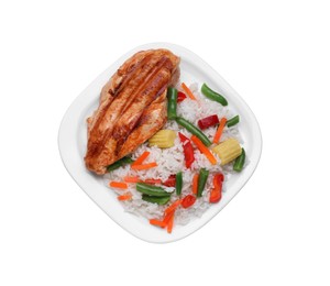 Photo of Plate with grilled chicken breast, rice and vegetables isolated on white, top view