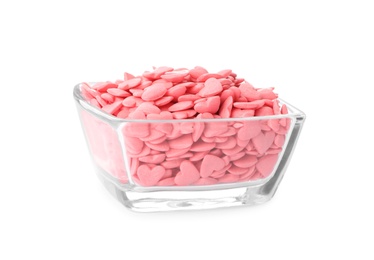 Sweet candy hearts in bowl on white background