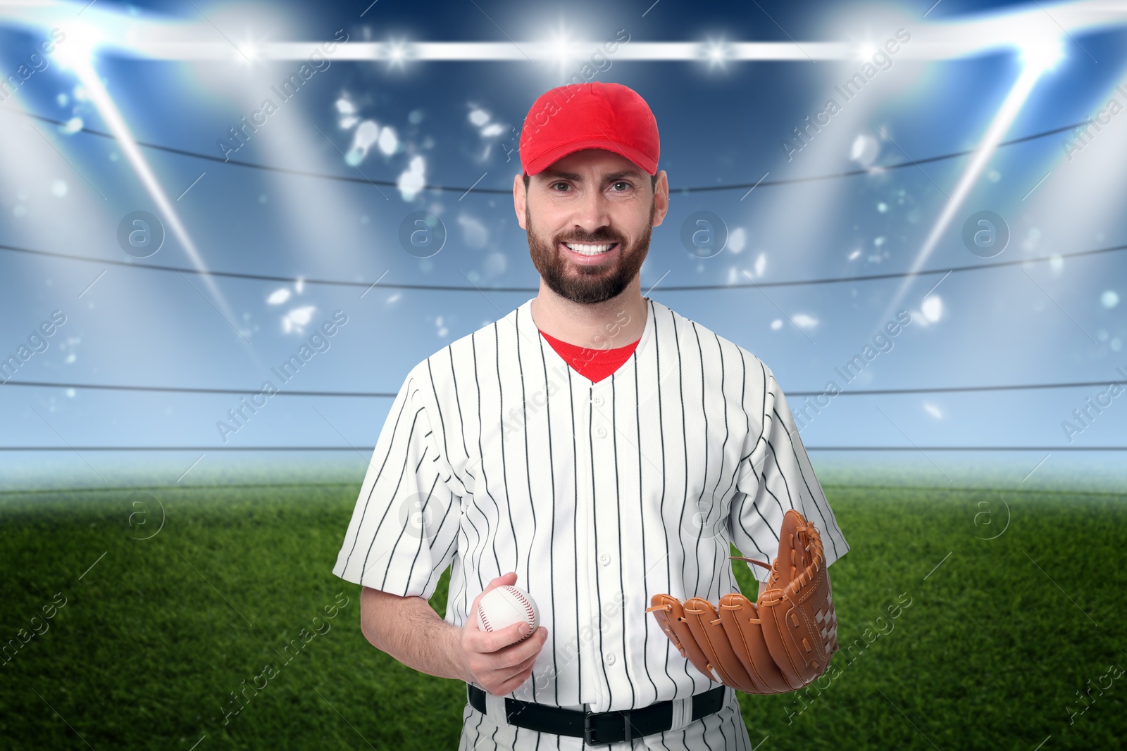 Image of Professional baseball player with glove and ball on stadium