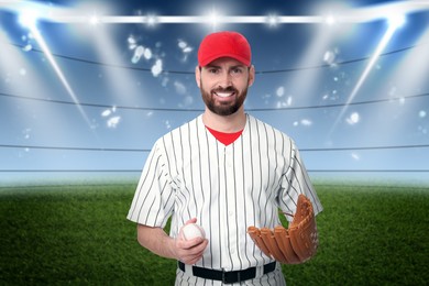 Professional baseball player with glove and ball on stadium