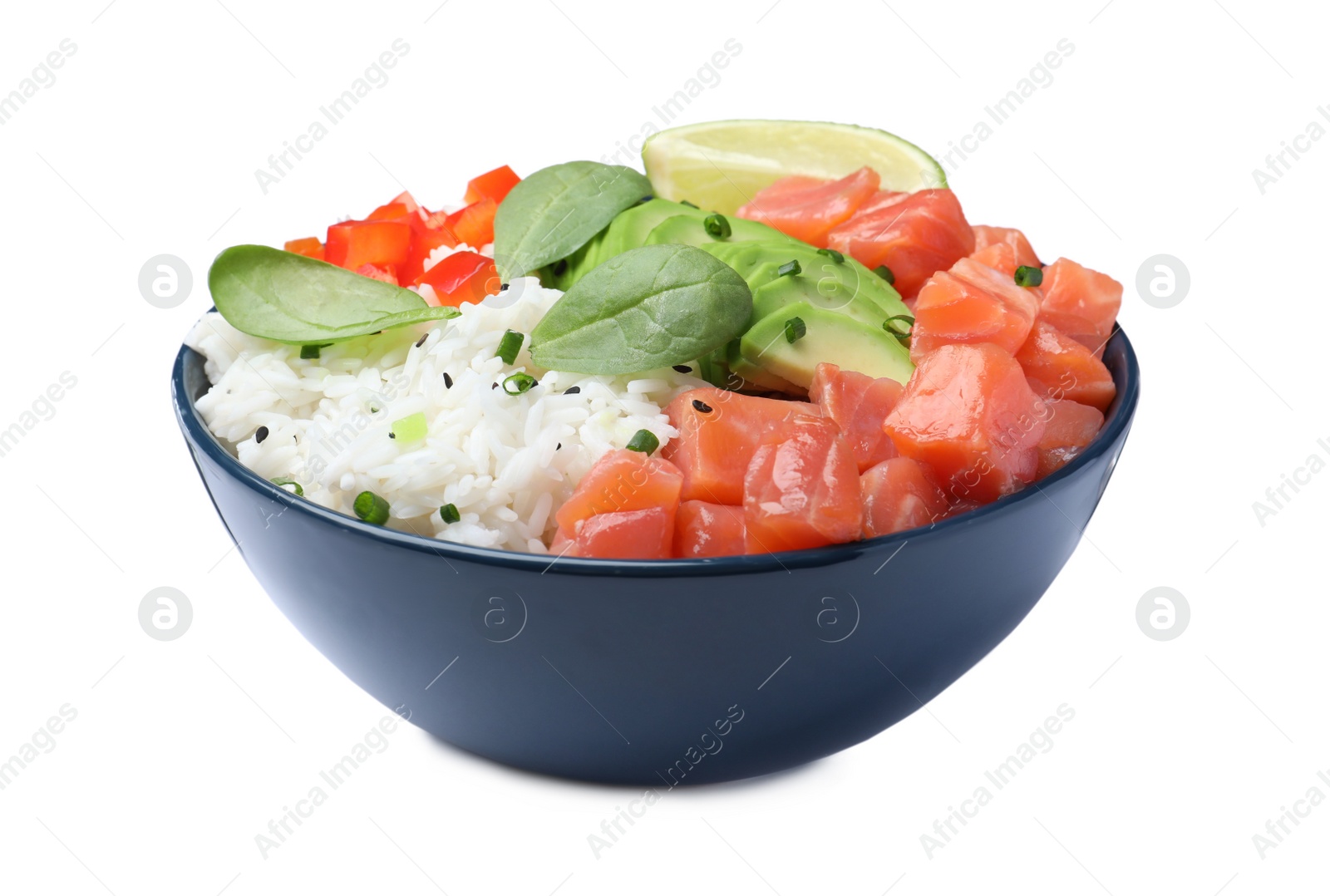 Photo of Delicious poke bowl with salmon, spinach and avocado isolated on white