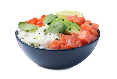 Photo of Delicious poke bowl with salmon, spinach and avocado isolated on white