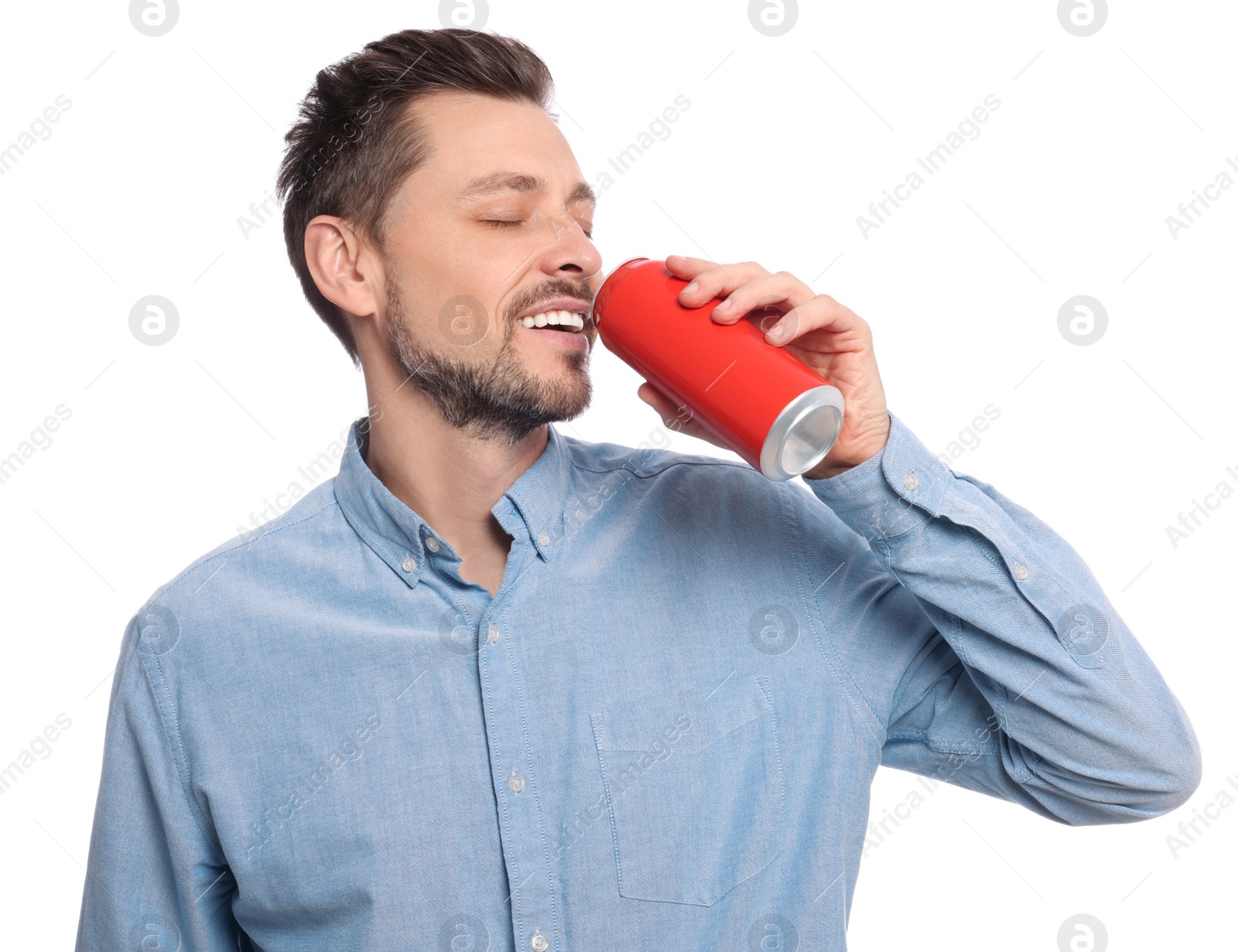 Photo of Happy man drinking from tin can on white background