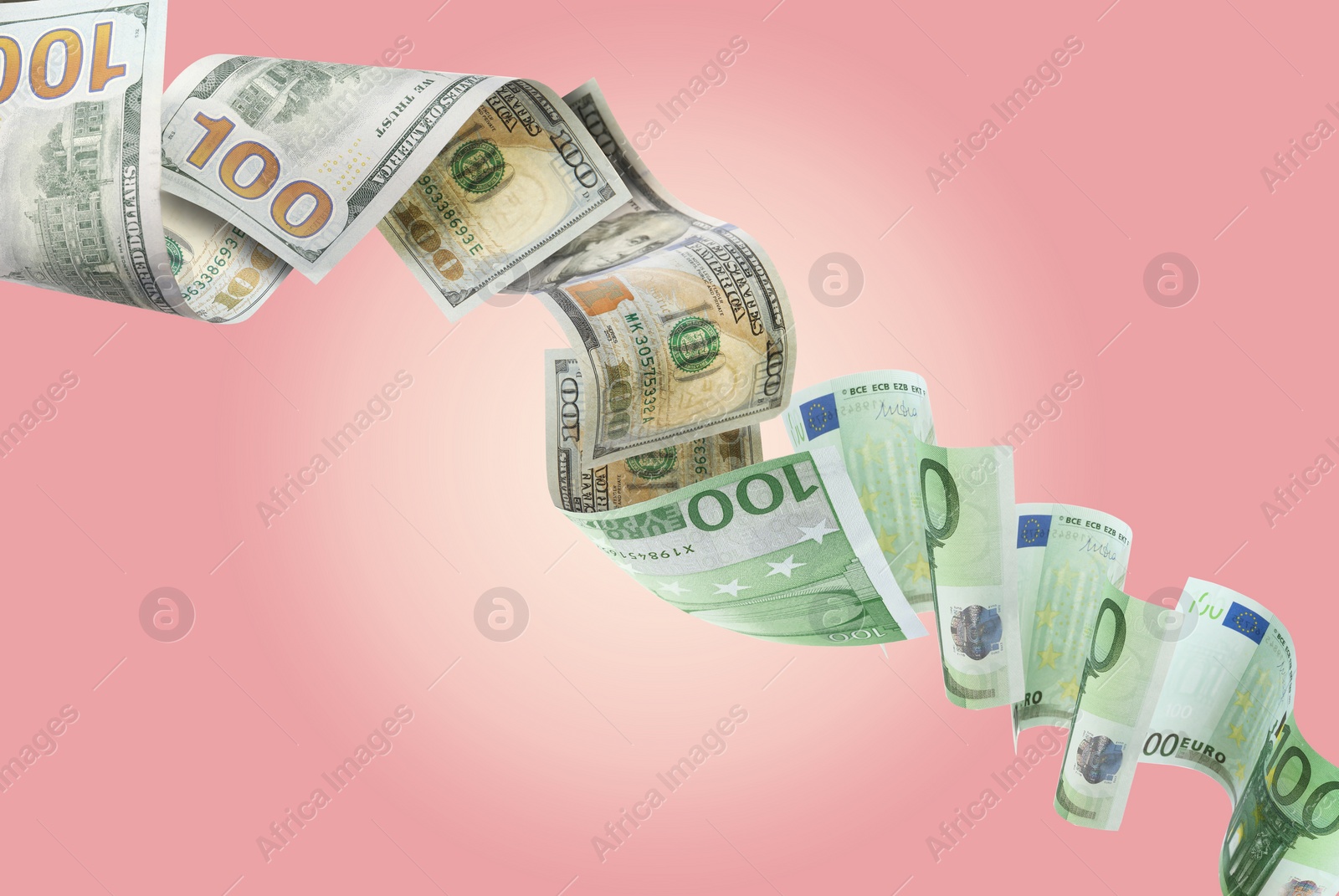 Image of Money exchange. Dollars turning into euro banknotes while falling on pale pink background