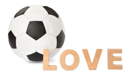 Photo of Soccer ball and word Love on white background