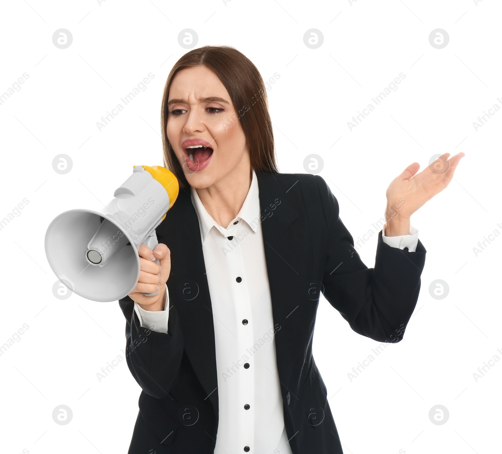 Photo of Emotional young woman with megaphone on white background