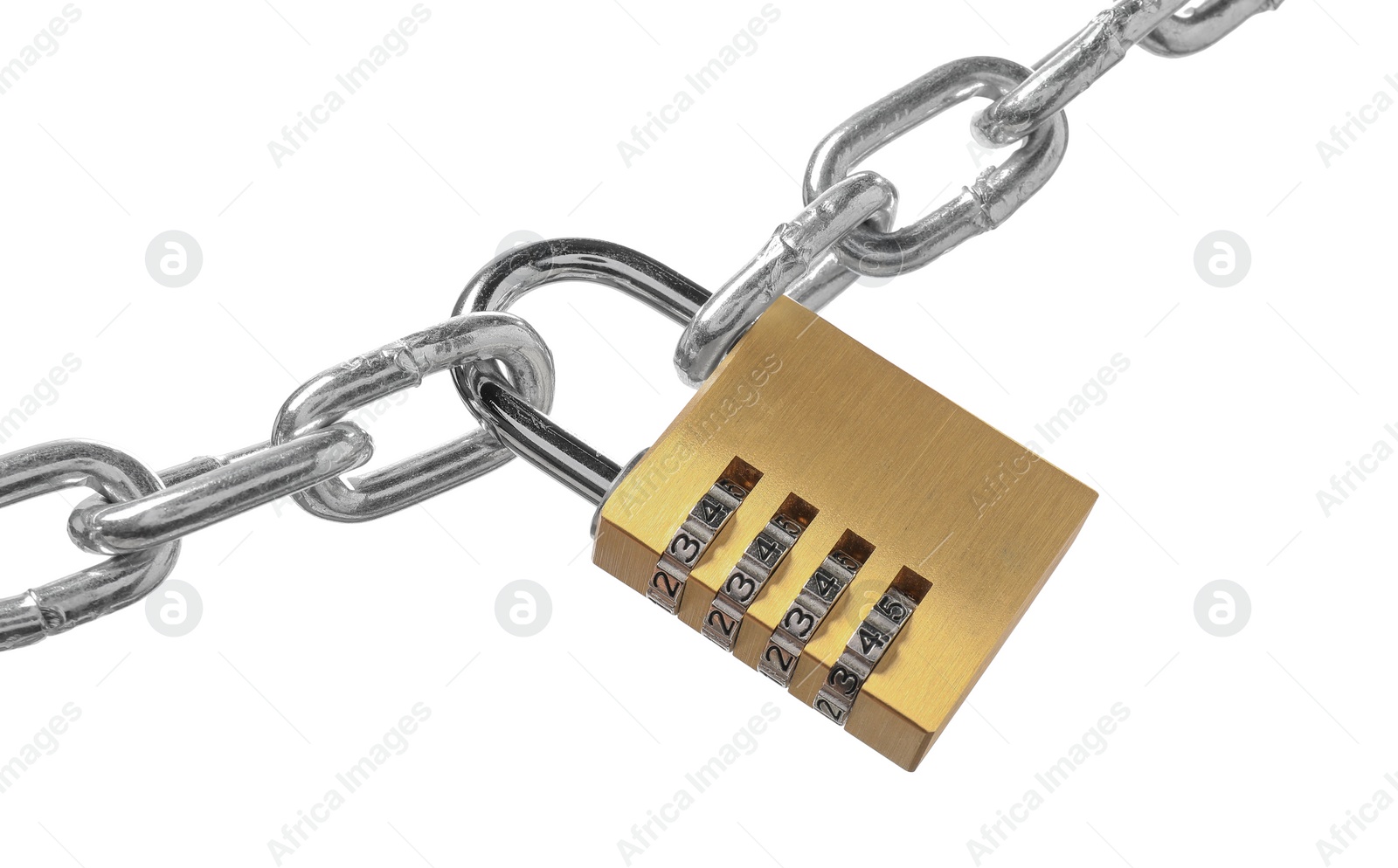 Photo of Steel combination padlock and chain isolated on white