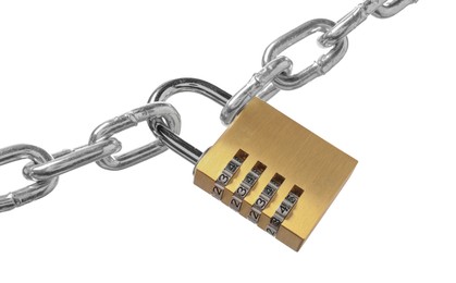 Steel combination padlock and chain isolated on white