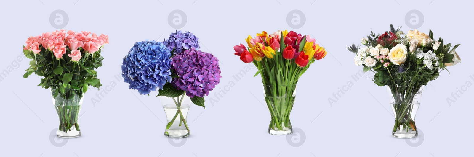 Image of Collage of stylish vase with different bouquets on light grey background. Banner design