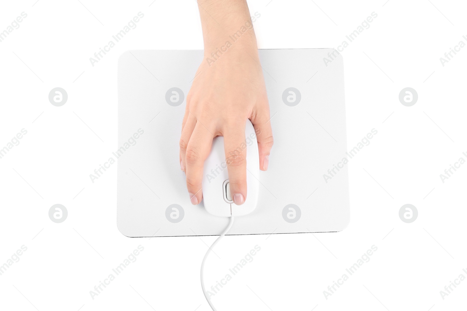 Photo of Woman with wired mouse and pad isolated on white, top view