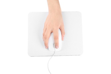 Woman with wired mouse and pad isolated on white, top view