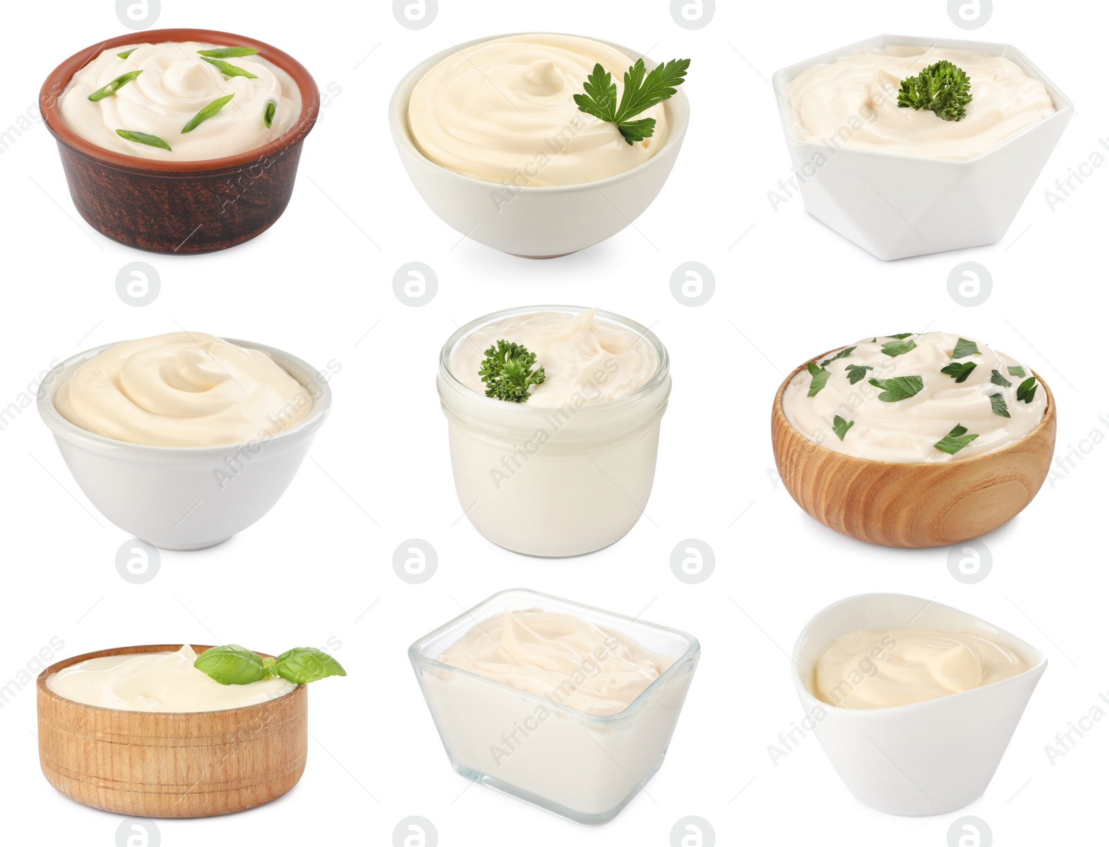 Image of Set with tasty mayonnaise on white background