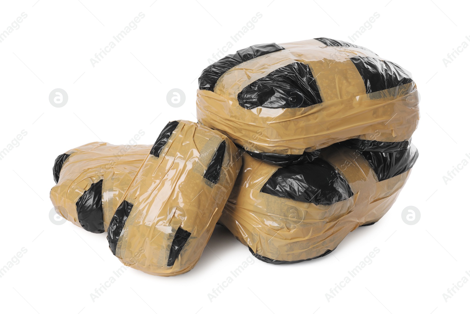 Photo of Packages with narcotics isolated on white. Drug addiction