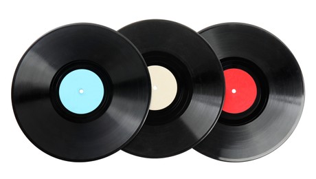 Photo of Black vintage vinyl records on white background