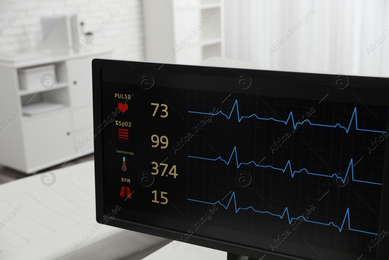 Photo of Monitor with cardiogram and data in hospital