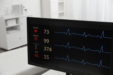 Photo of Monitor with cardiogram and data in hospital