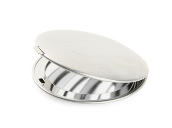 Photo of Silver cosmetic pocket mirror isolated on white