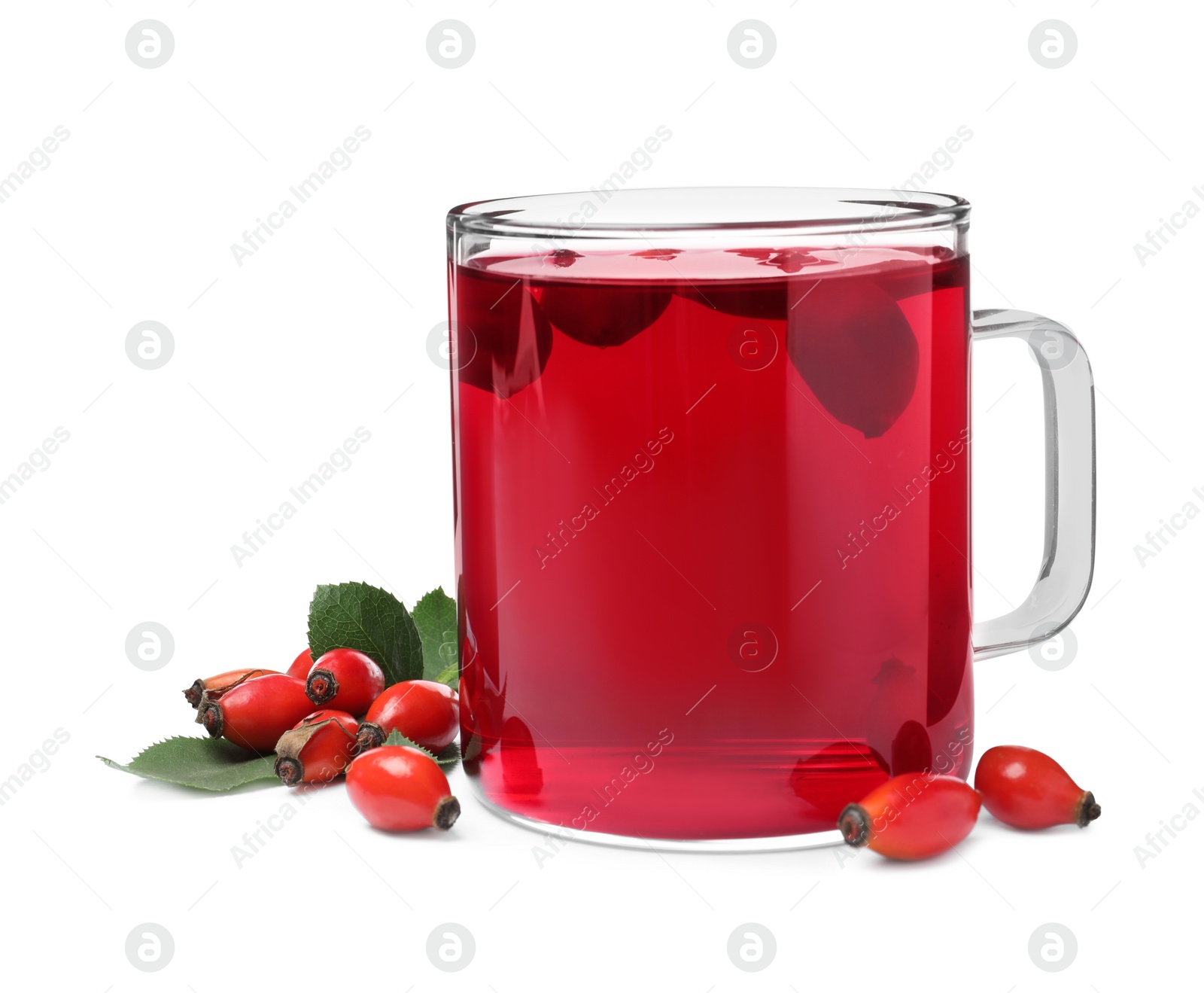 Photo of Aromatic rose hip tea and fresh berries on white background