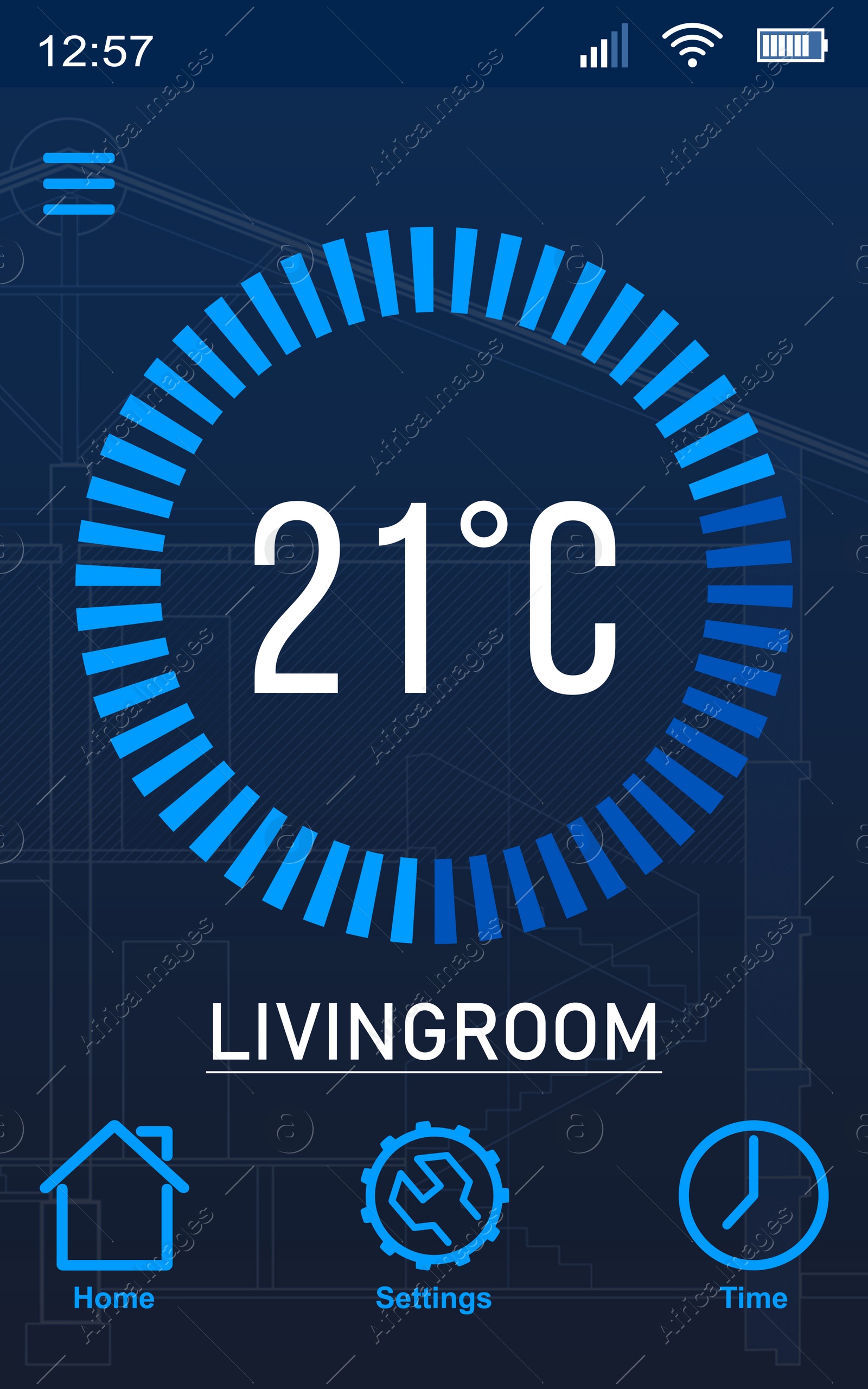 Illustration of Heating control system. Application displaying temperature in house 