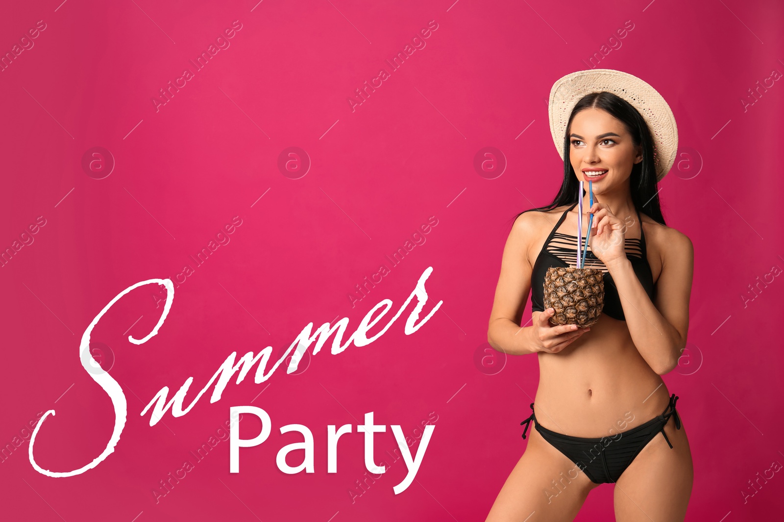 Image of Summer party. Beautiful young woman in black bikini with cocktail on pink background