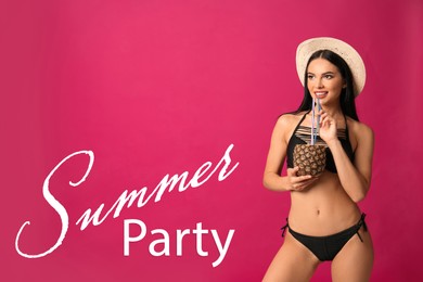 Image of Summer party. Beautiful young woman in black bikini with cocktail on pink background