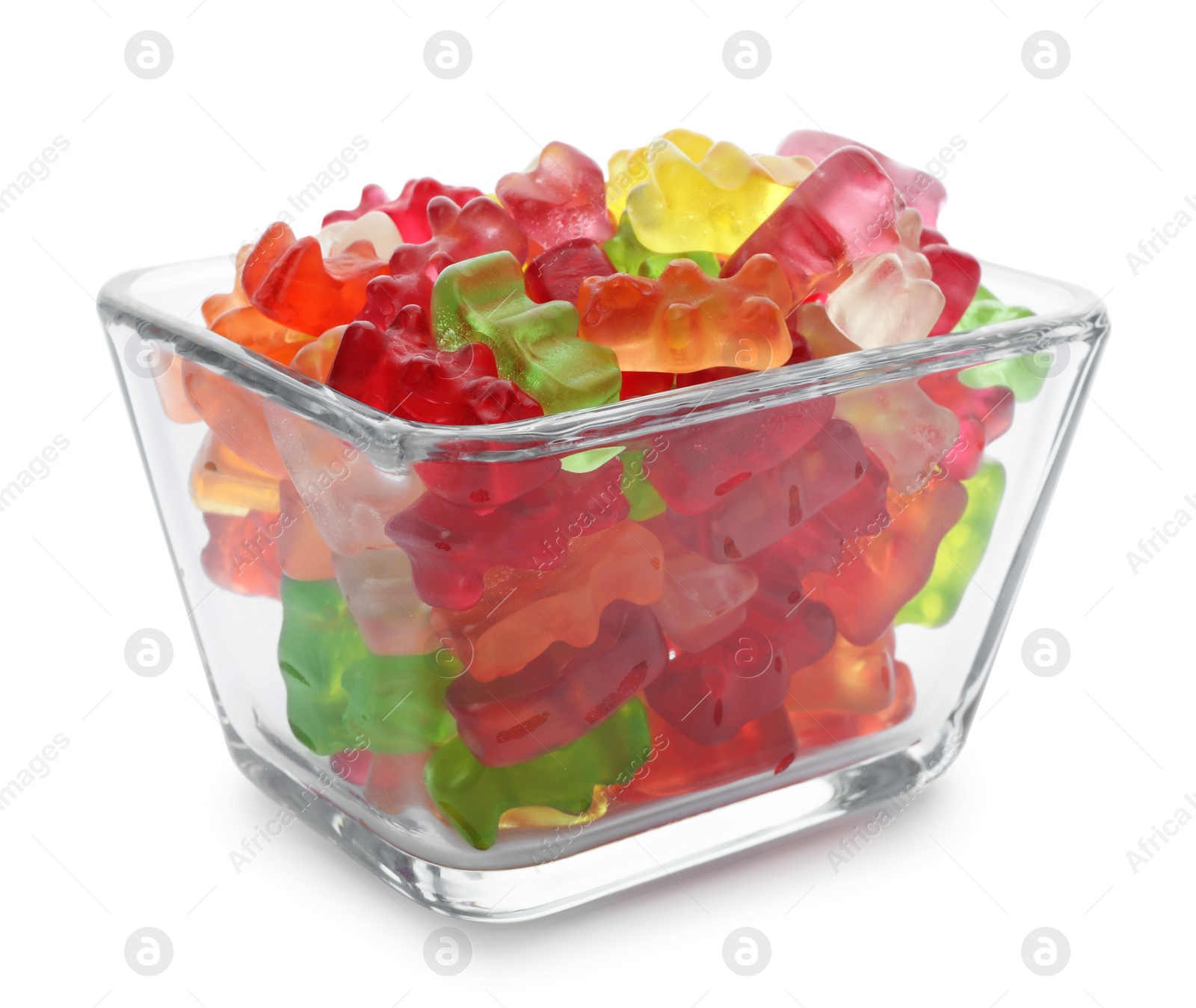 Photo of Glass bowl with delicious jelly bears on white background