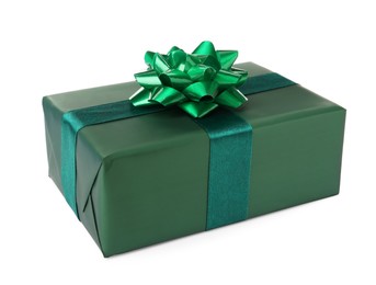 Photo of Beautifully wrapped gift box with green bow isolated on white