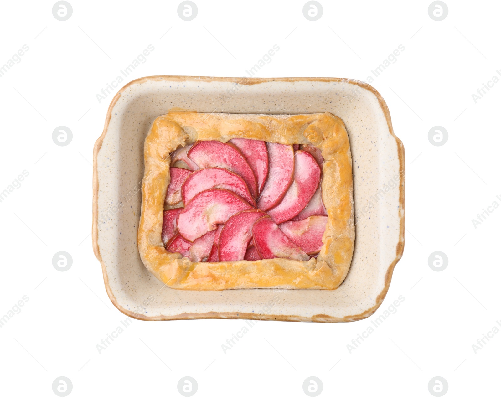 Photo of Delicious galette with apples isolated on white, top view